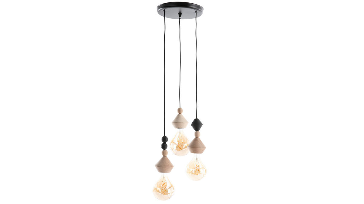 Suspension boulier 3 lampes avec perles en bois massif AKOYA - Miliboo & Stéphane Plaza