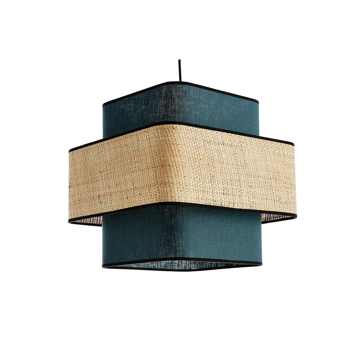 Suspension cube en lin bleu canard et rabane naturelle L35 cm TERA Suspension cube en lin bleu canard et rabane naturelle L35 cm TERA
