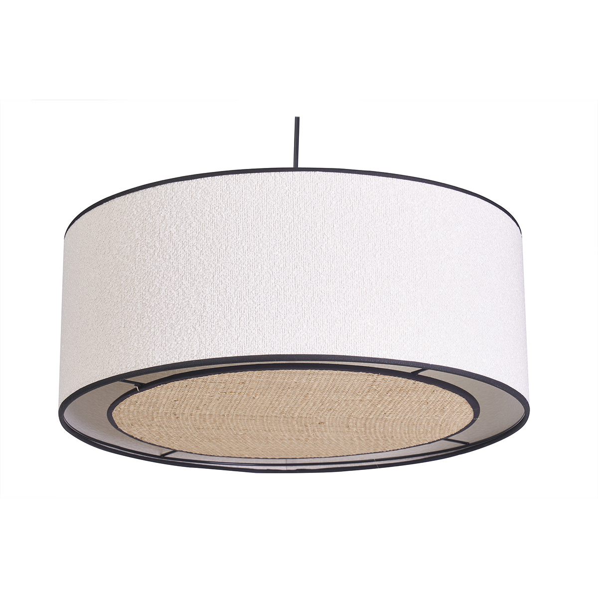 Suspension cylindrique en tissu effet laine bouclée blanc et rabane naturelle D50 cm TRAVES Suspension cylindrique en tissu effet laine bouclée blanc et rabane naturelle D50 cm TRAVES