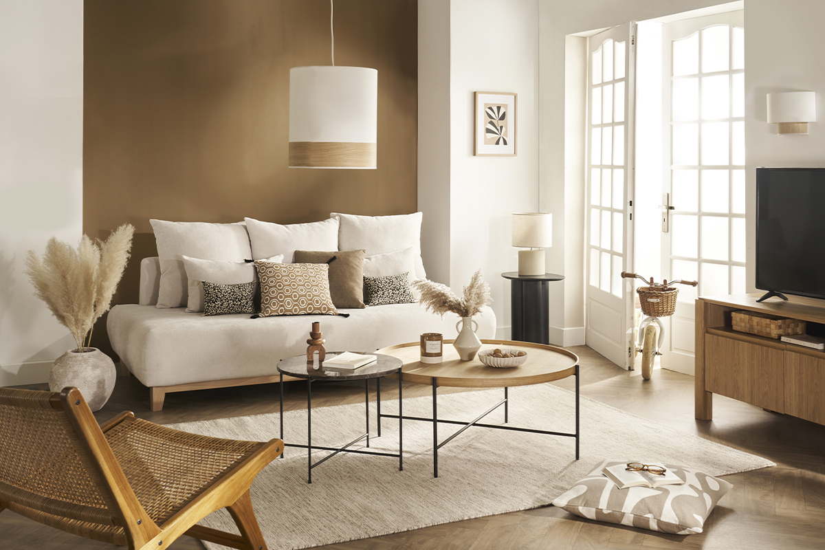 Suspension design bi-mati�re en coton blanc cass� et feuille d'acajou D38 cm SOLAR