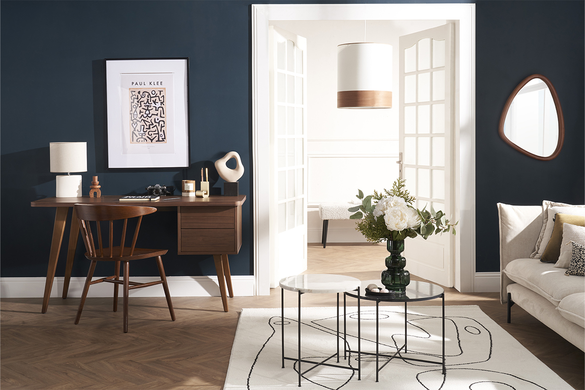 Suspension design bi-mati�re en coton blanc cass� et feuille d'acajou D38 cm SOLAR