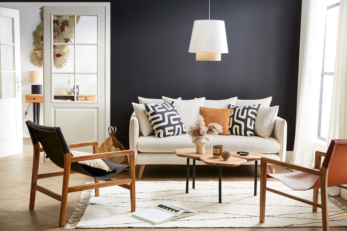 Suspension design bi-mati�re en rabane et coton blanc D40 cm JUME