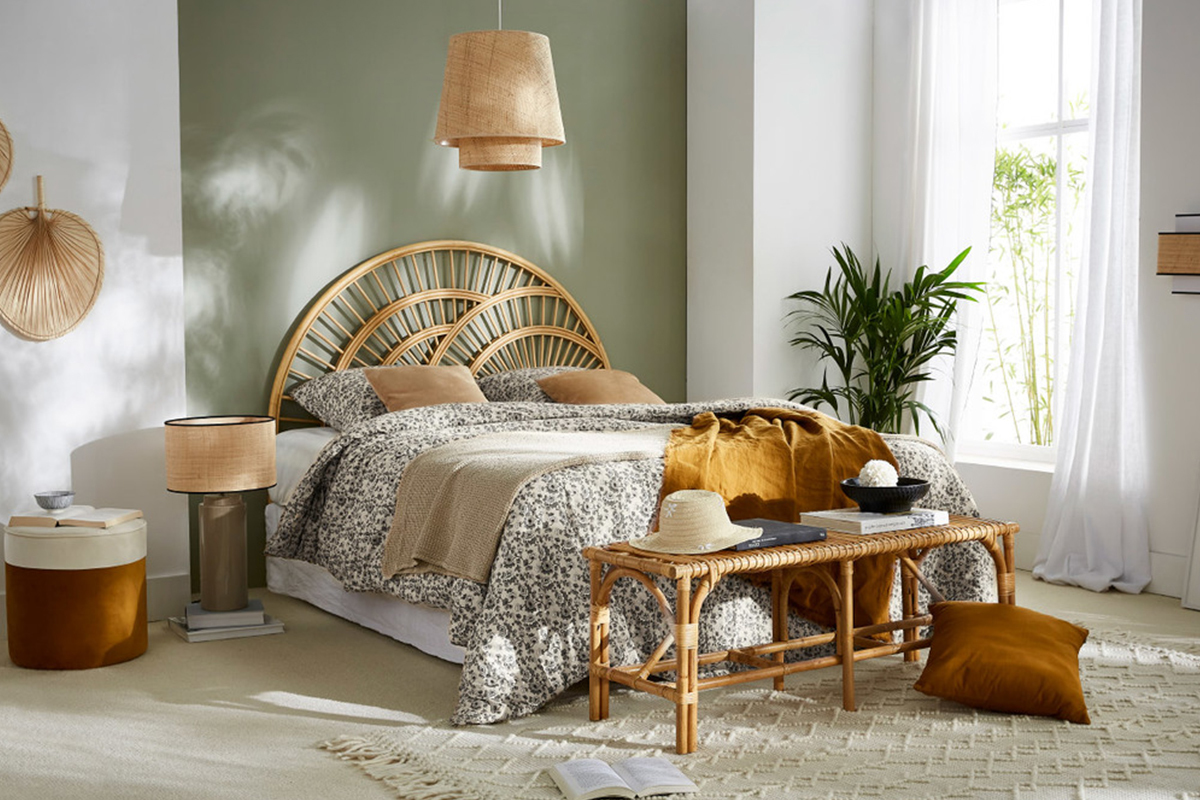 Suspension design bi-matire en rabane et coton rose D40 cm JUME