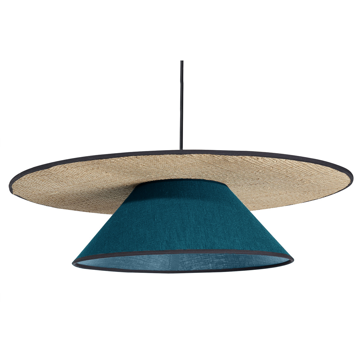 Suspension en lin bleu paon et rabane naturelle D55 cm AZAMI Suspension en lin bleu paon et rabane naturelle D55 cm AZAMI