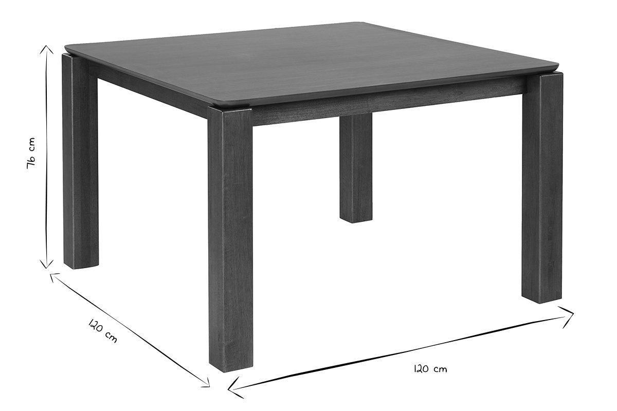 Table � manger carr�e bois fonc� L120 cm, hauteur 76 cm, dimensions en noir et blanc.