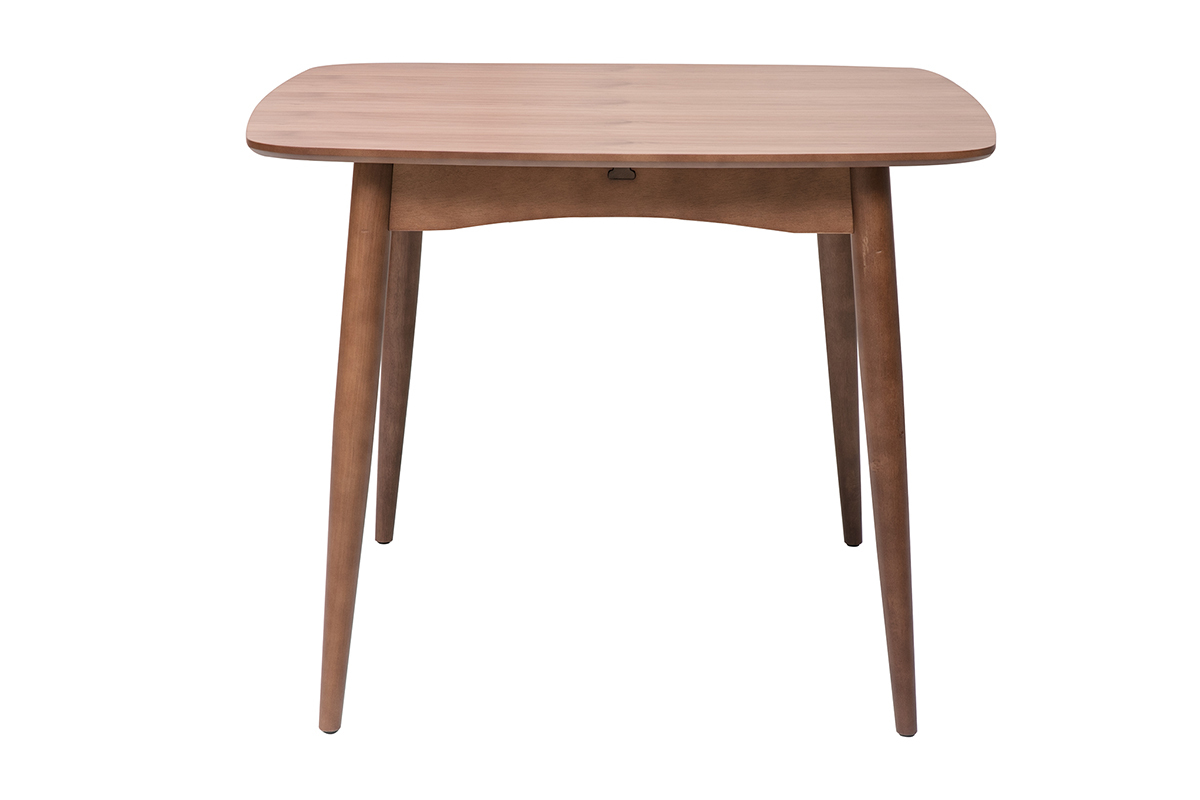 Table � manger carr�e extensible en bois fonc� vue de profil.