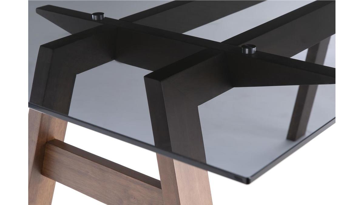 Table à manger design en verre fumé noir et bois L160 cm BACCO