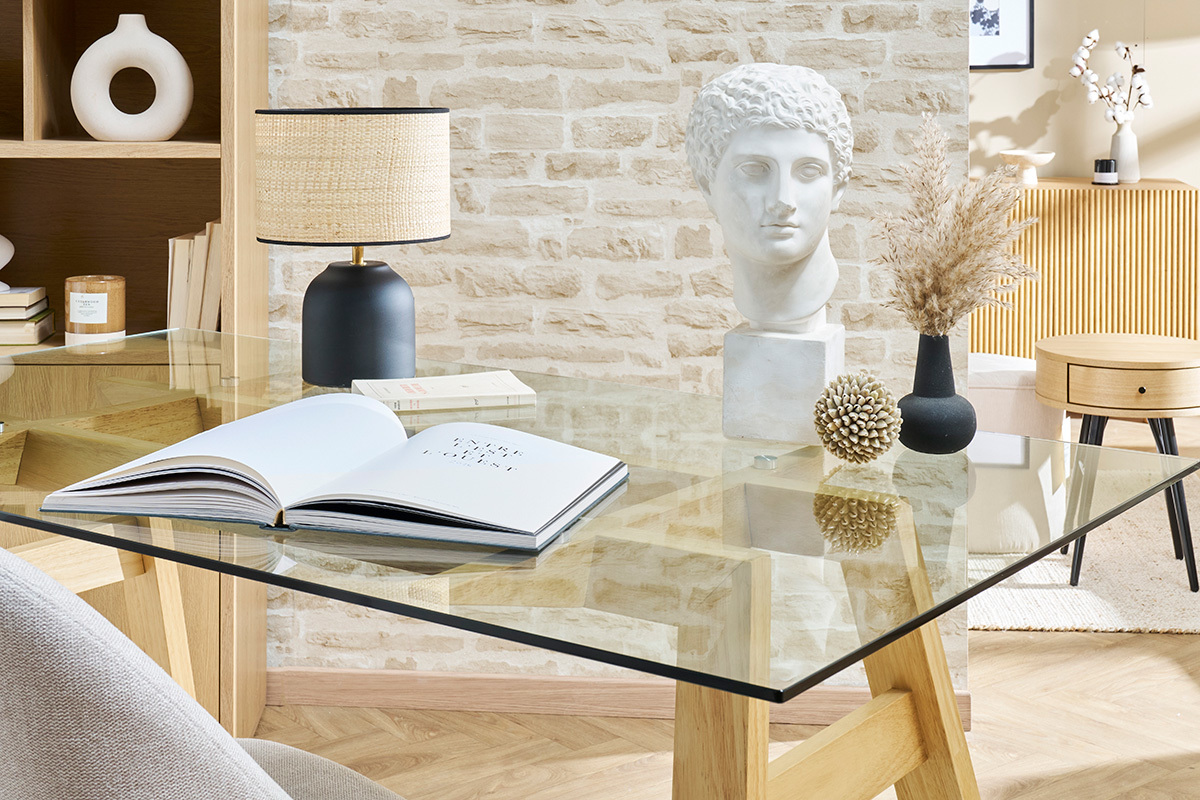 Table à manger design en verre transparent et bois clair L160 cm BACCO ...