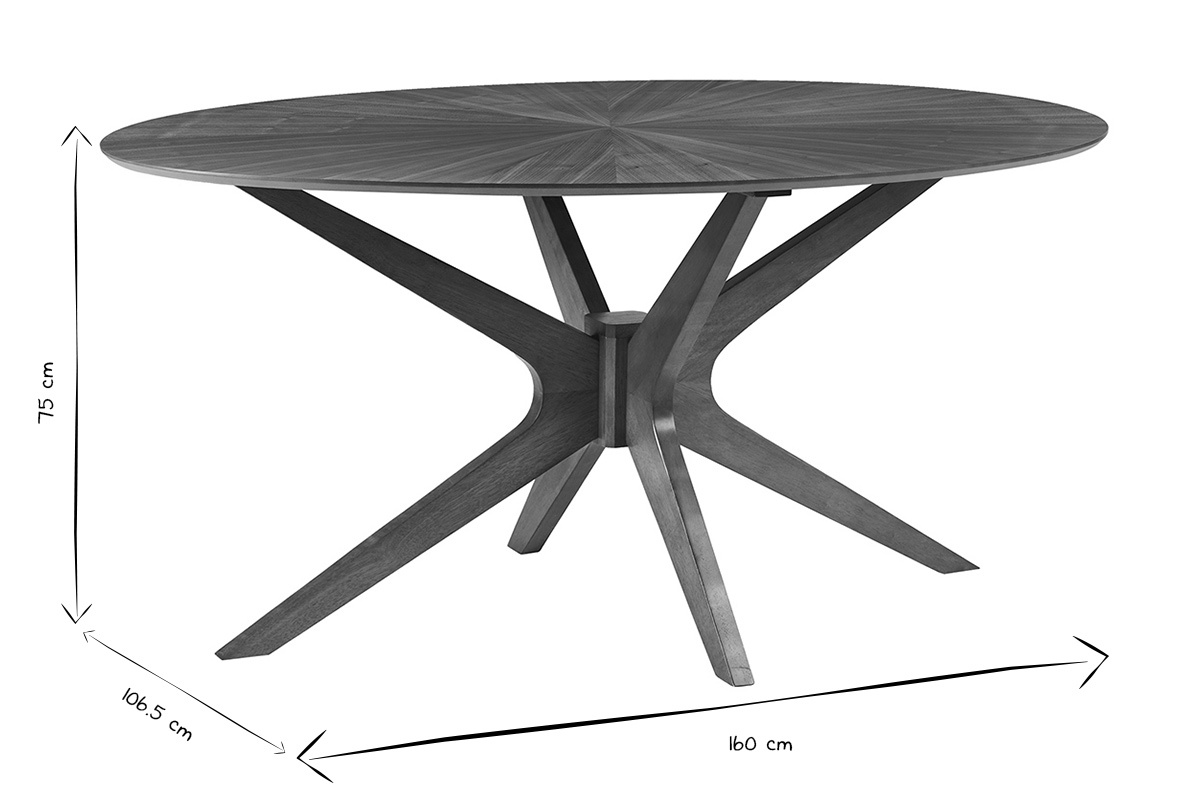 Table  manger ovale noyer L160 cm, dimensions avec pitement design, noir et blanc.
