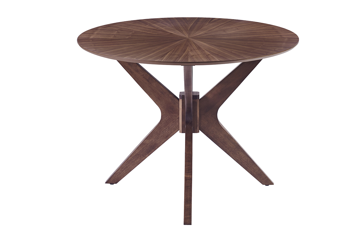 Table  manger ovale noyer avec pitement sculptural, vue de profil.