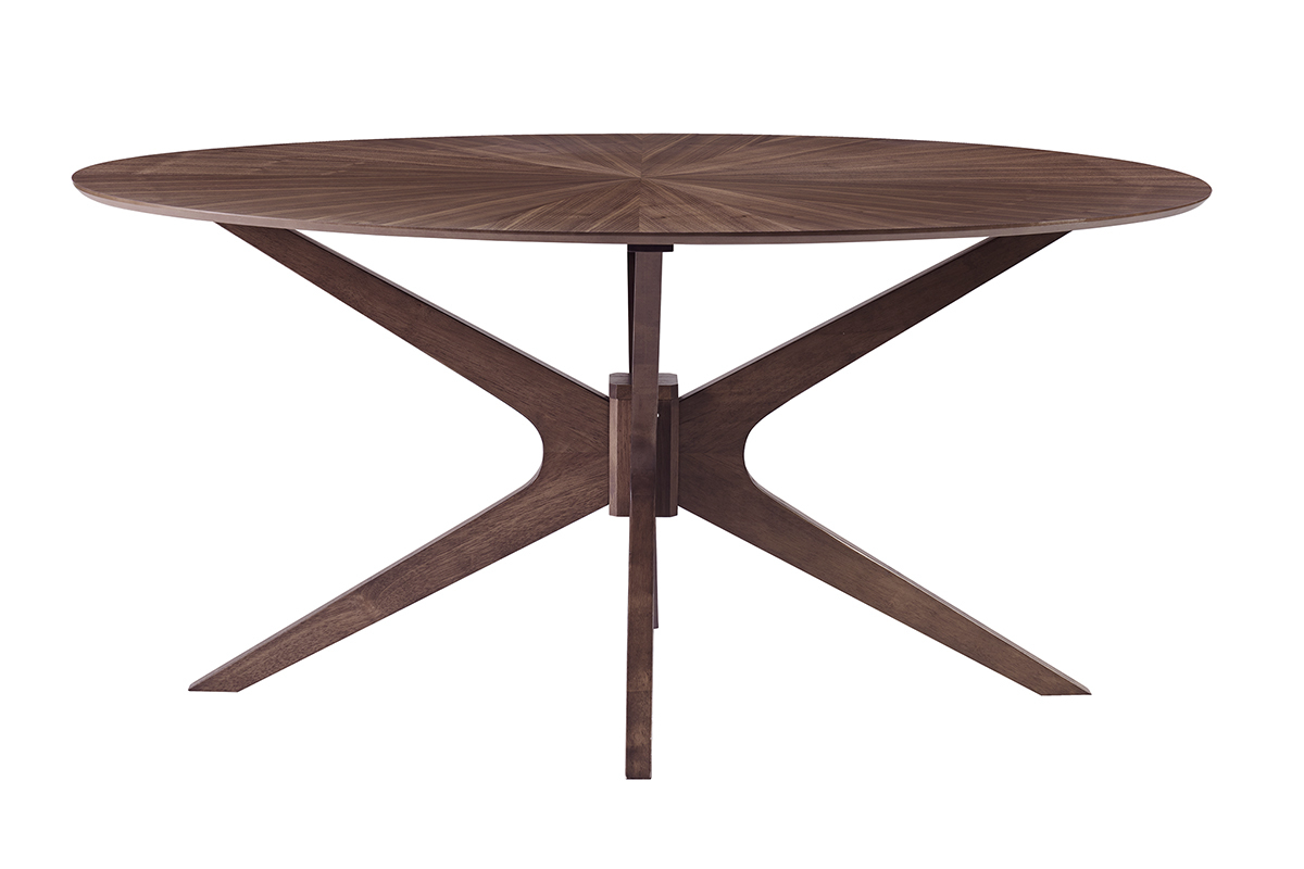 Table ovale en noyer avec pitement sculptural vue de face.