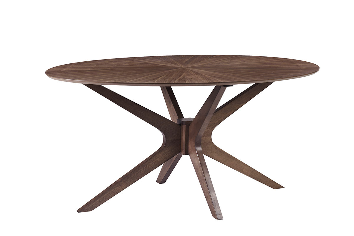 Table  manger ovale noyer, pitement sculptural en hva, vue de 3/4.