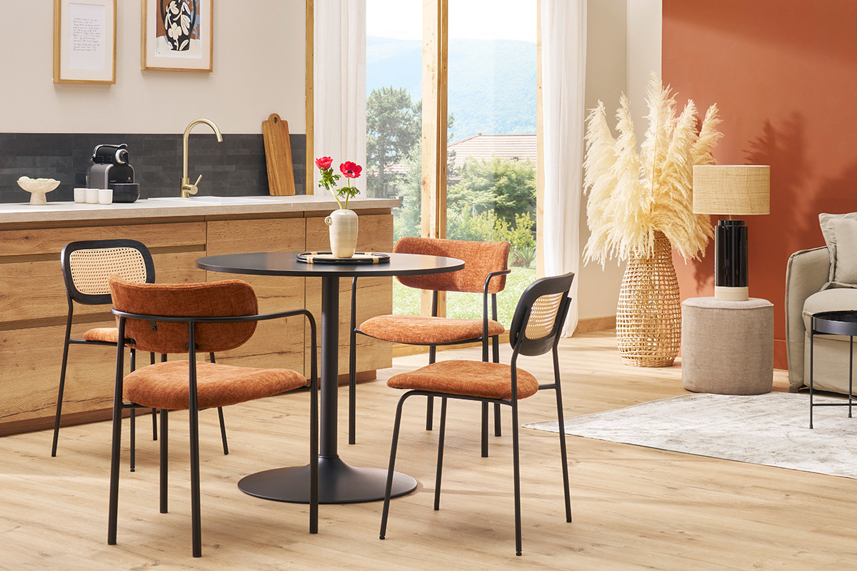 Table  manger design ronde blanche et mtal noir D90 cm CALISTA