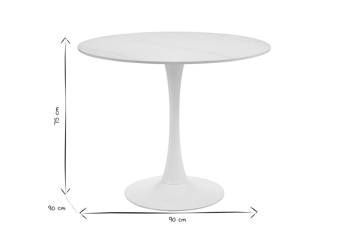 Table ronde en cramique blanche, dimensions 90x90x75 cm, vue de ct, en noir et blanc.
