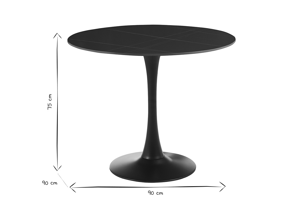 Dimensions de la table  manger ronde en cramique noire MALOU, D90 x H75 cm, vue de ct, en noir et blanc.