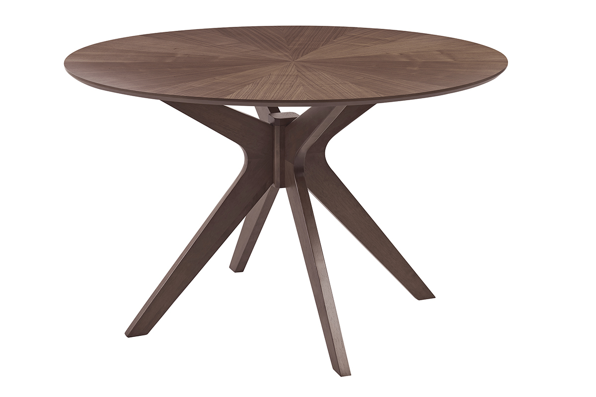 Table ronde noyer DIELLI avec pitement en hva massif, vue de 3/4.