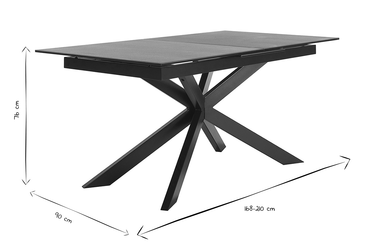 Dimensions de la table � manger extensible MELZA en noir et blanc, L168-210 x P90 x H76 cm.