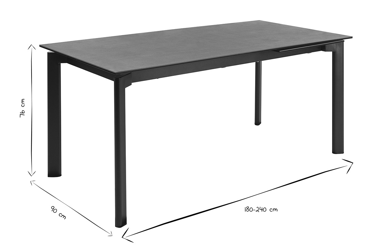 Dimensions de la table � manger extensible: L180-240 cm, P90 cm, H76 cm en noir et blanc.