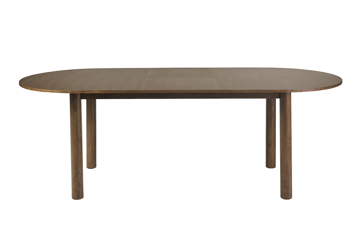Table extensible ovale en bois fonc� noyer, vue de face, longueur L180-230 cm.