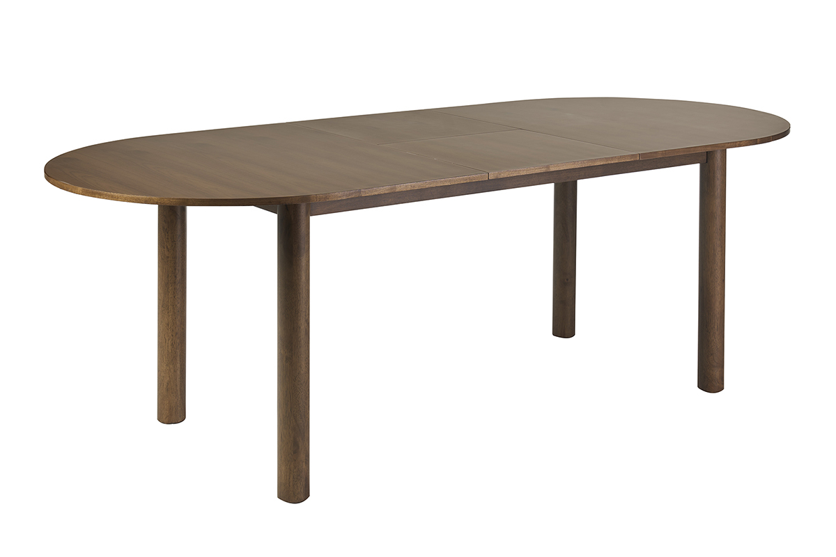 Table extensible ovale en bois fonc� noyer, vue de 3/4, dimensions L180-230 cm.