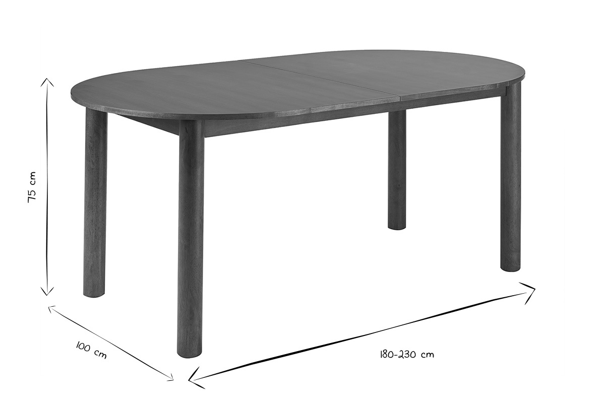 Dimensions de la table extensible ovale en bois fonc�, L180-230 cm, P100 cm, H75 cm