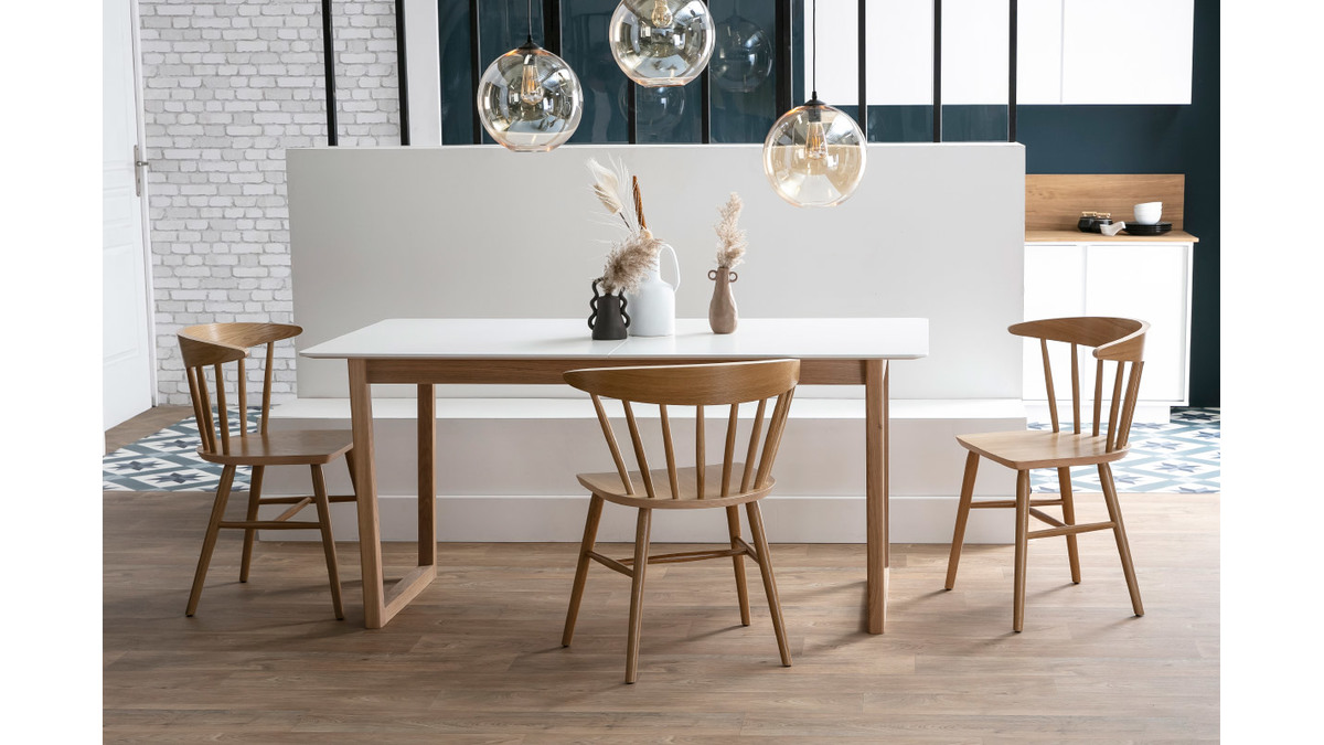 Table à manger extensible rallonges intégrées en bois clair et blanc rectangulaire L160-240 cm LAHO
