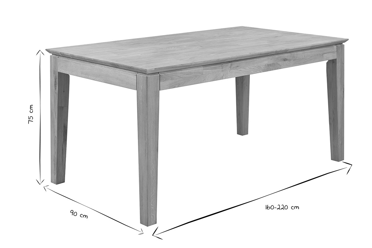 Table  manger extensible YULIA en noir et blanc avec dimensions 160-220 cm, 90 cm, 75 cm.