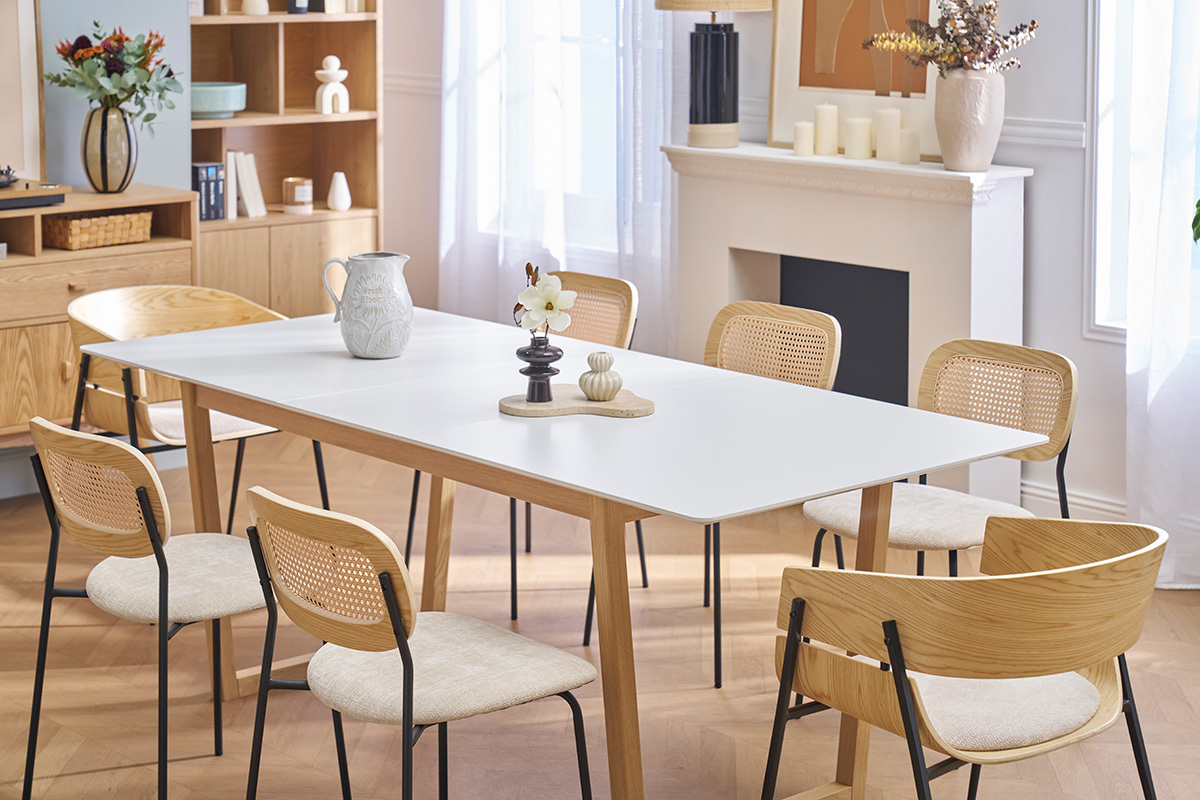 Table  manger extensible rectangulaire rallonges intgres finition blanc et bois clair chne massif L160-240 cm LAHO