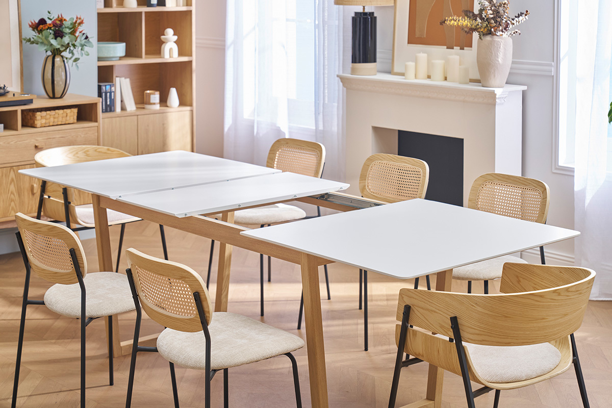 Table  manger extensible rectangulaire rallonges intgres finition blanc et bois clair chne massif L160-240 cm LAHO