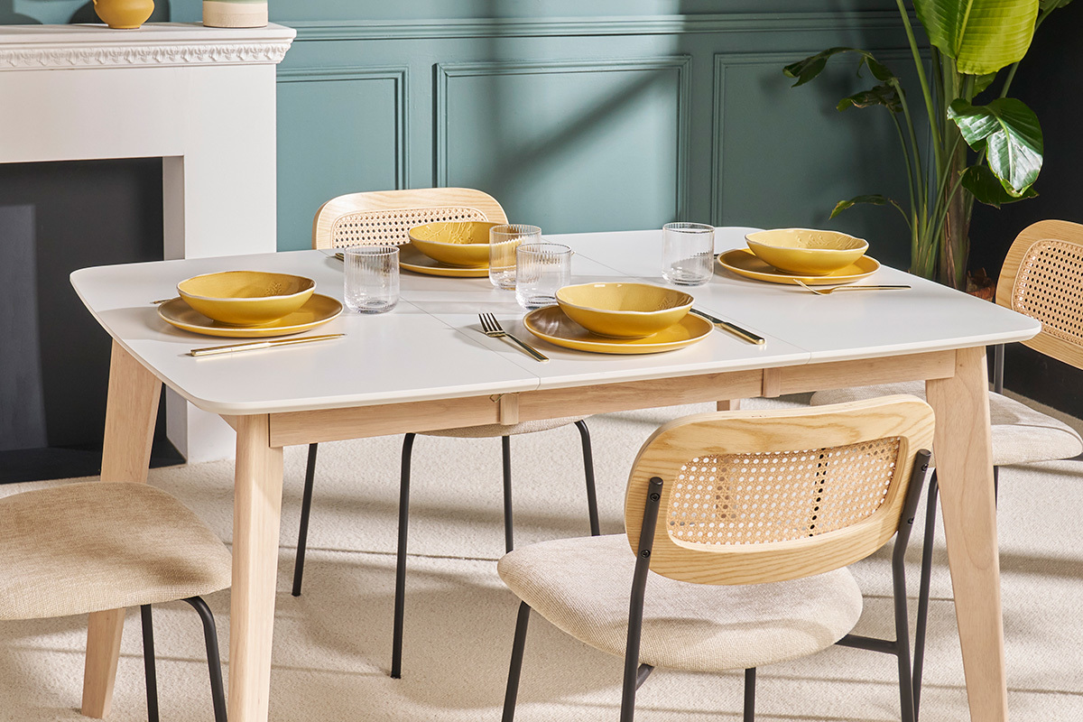 Table  manger extensible scandinave carre blanche et bois L90-130 cm LEENA
