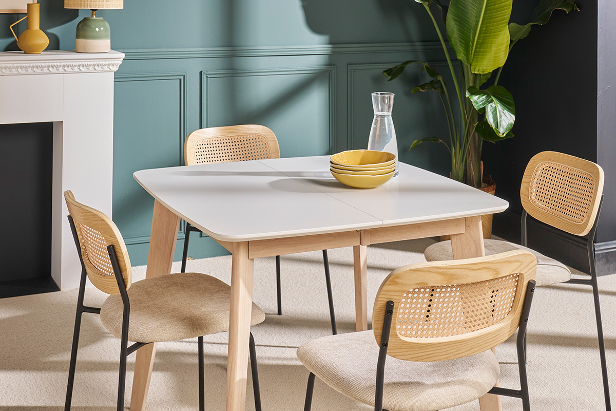 Table  manger extensible scandinave carre blanche et bois L90-130 cm LEENA