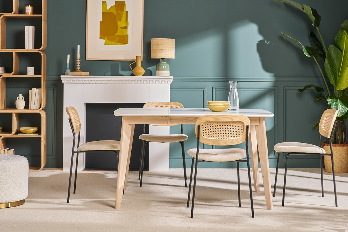 Table  manger extensible scandinave carre blanche et bois L90-130 cm LEENA