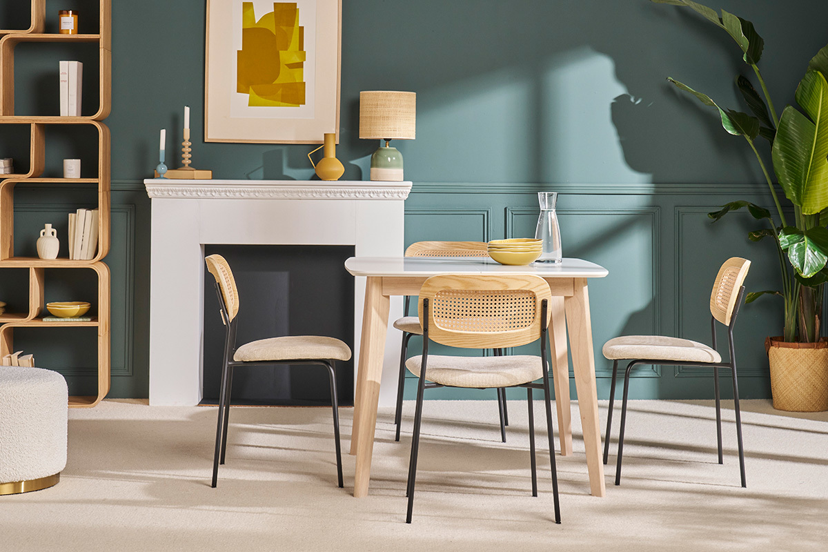 Table  manger extensible scandinave carre blanche et bois L90-130 cm LEENA