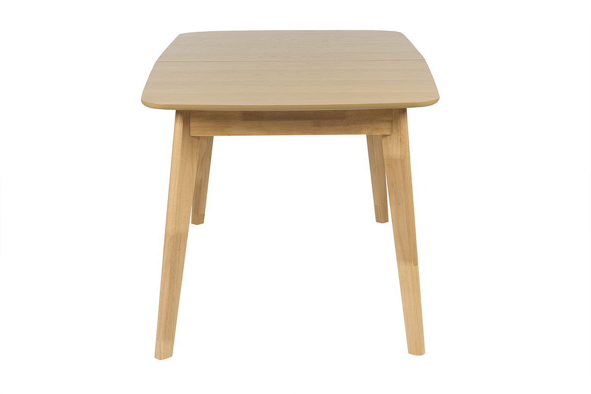 Table � manger scandinave extensible en bois clair vue de profil.