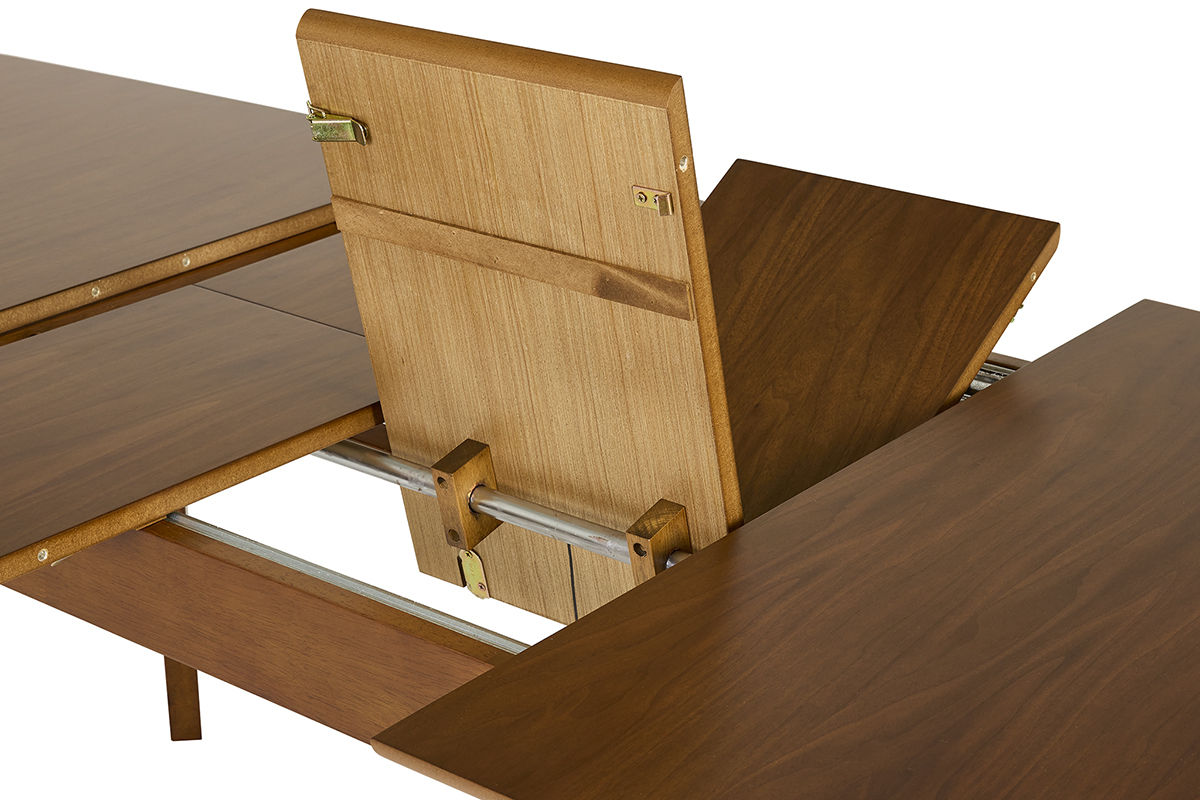 Vue rapproch�e du m�canisme de rallonge de la table � manger LEENA en noyer.
