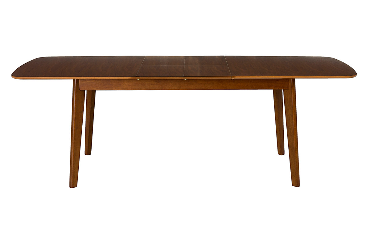 Table � manger extensible scandinave en bois fonc�, vue de face.