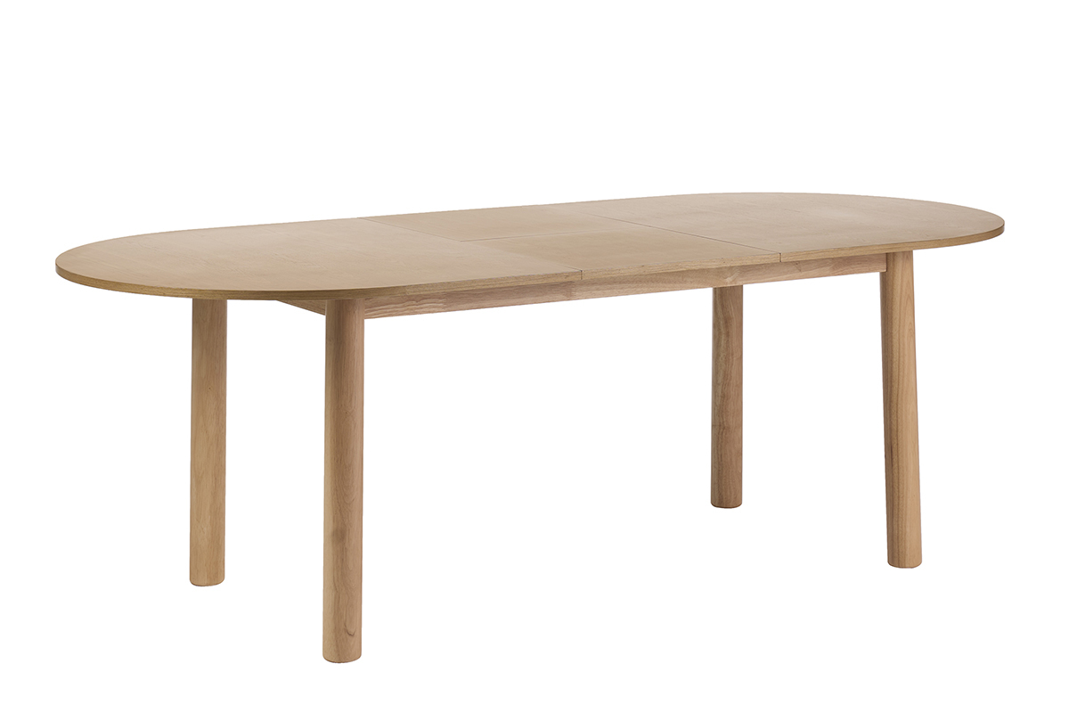 Table � manger ovale extensible en bois clair, vue de 3/4.