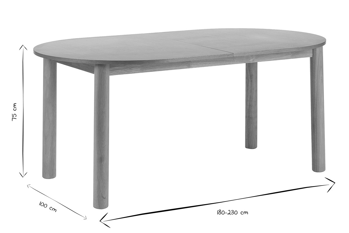 Dimensions de la table � manger ovale extensible en bois clair fr�ne : L180-230 cm, P100 cm, H75 cm, en noir et blanc.