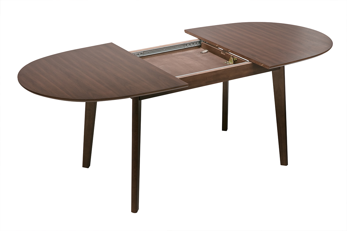 Table � manger ovale extensible en bois fonc� noyer, vue de trois quarts avec rallonge ouverte.