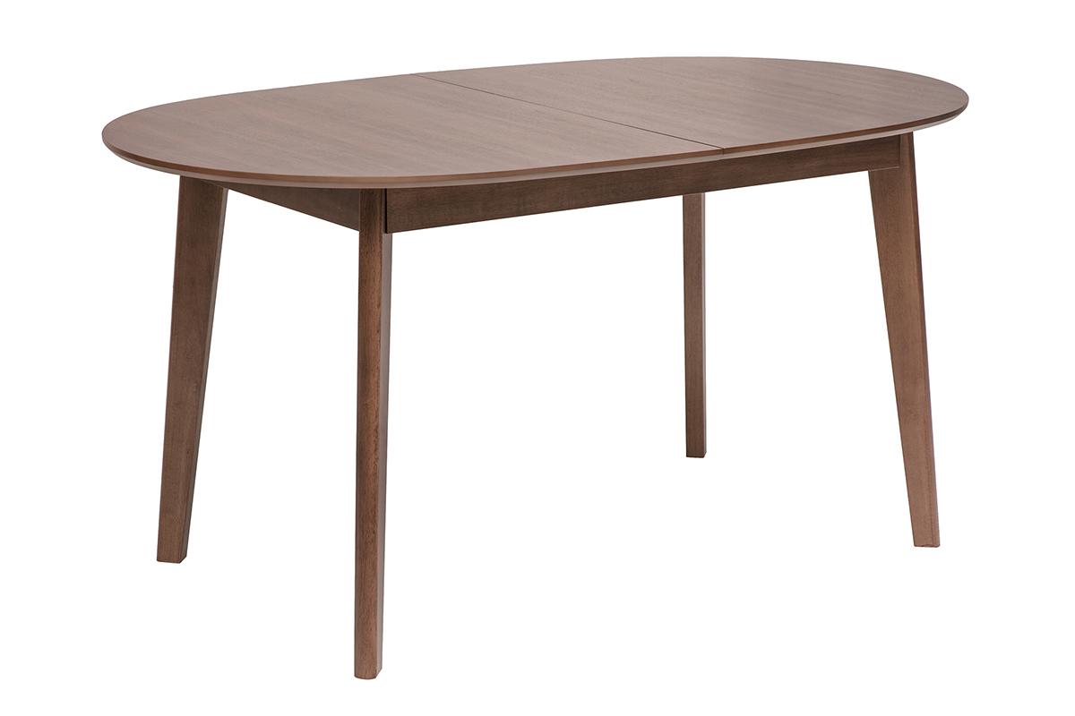Table � manger ovale extensible en bois fonc� noyer, vue de trois quarts.