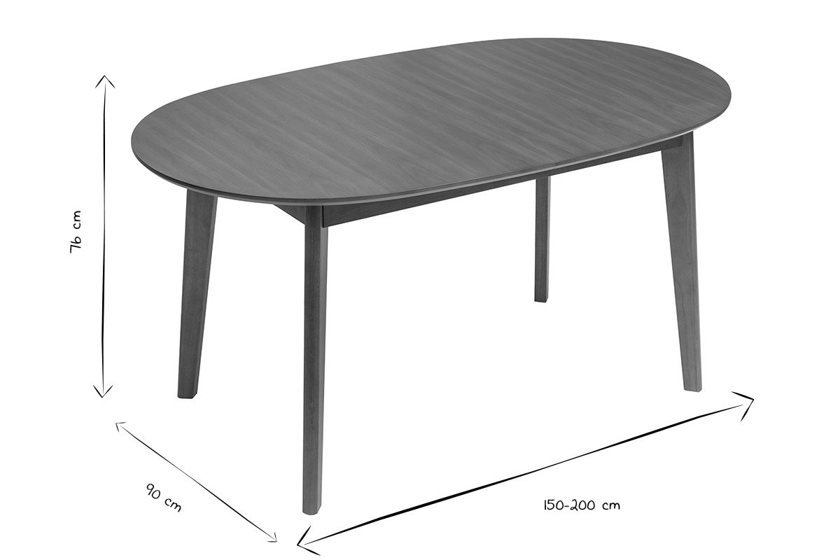 Dimensions de la table � manger ovale extensible, L150-200 cm, H76 cm, P90 cm, en noir et blanc.