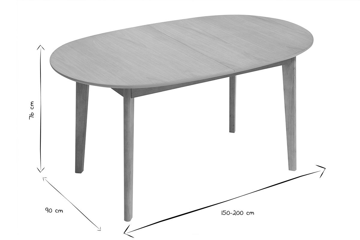 Table � manger ovale extensible en bois clair avec dimensions, vue de 3/4, en noir et blanc.