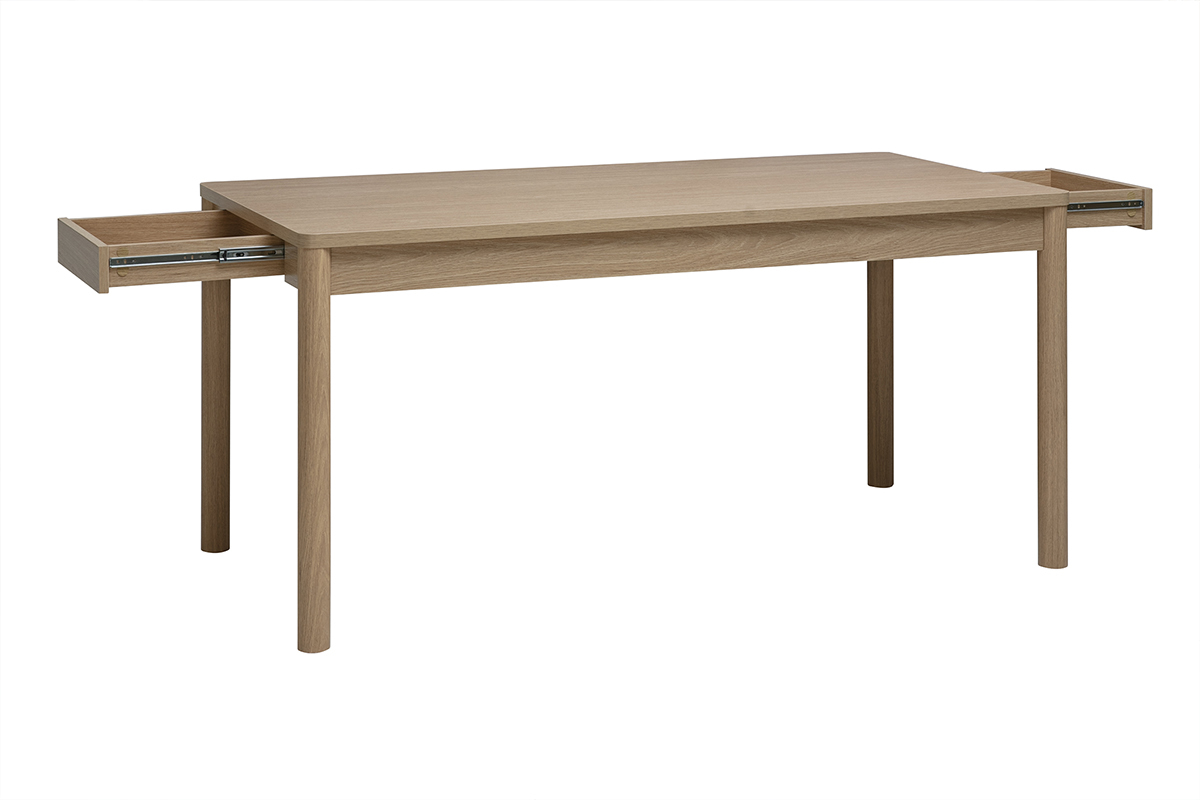 Table � manger rectangulaire en bois clair ch�ne avec deux tiroirs ouverts, vue de 3/4.
