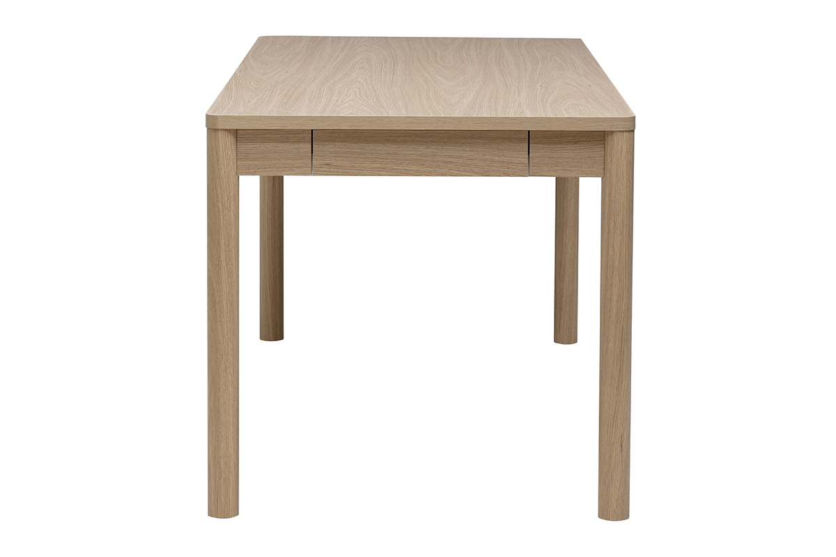 Table � manger rectangulaire IZZIE en bois clair ch�ne, vue de profil, avec rangements int�gr�s.