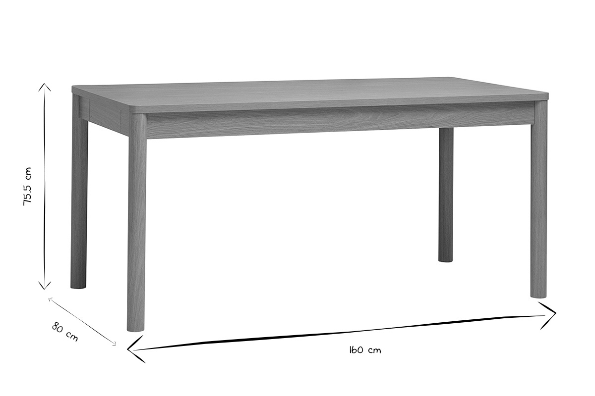 Dimensions de la table � manger IZZIE en noir et blanc, 160 cm x 80 cm x 75,5 cm.