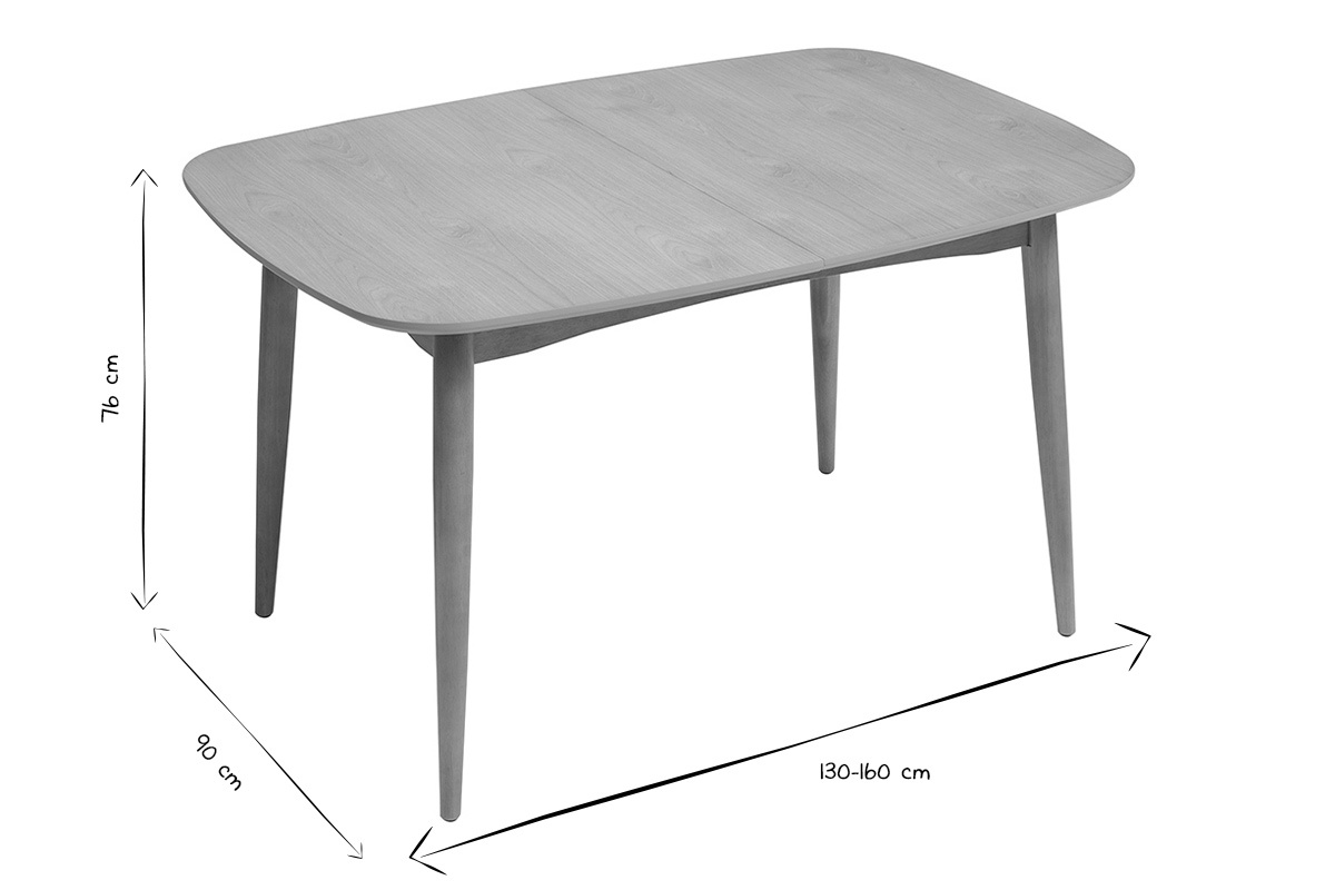 Table extensible rectangulaire 130-160 cm, dimensions visibles, vue en noir et blanc.