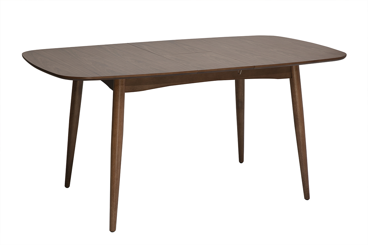 Table � manger rectangulaire extensible en bois fonc� noyer, vue de trois-quarts.