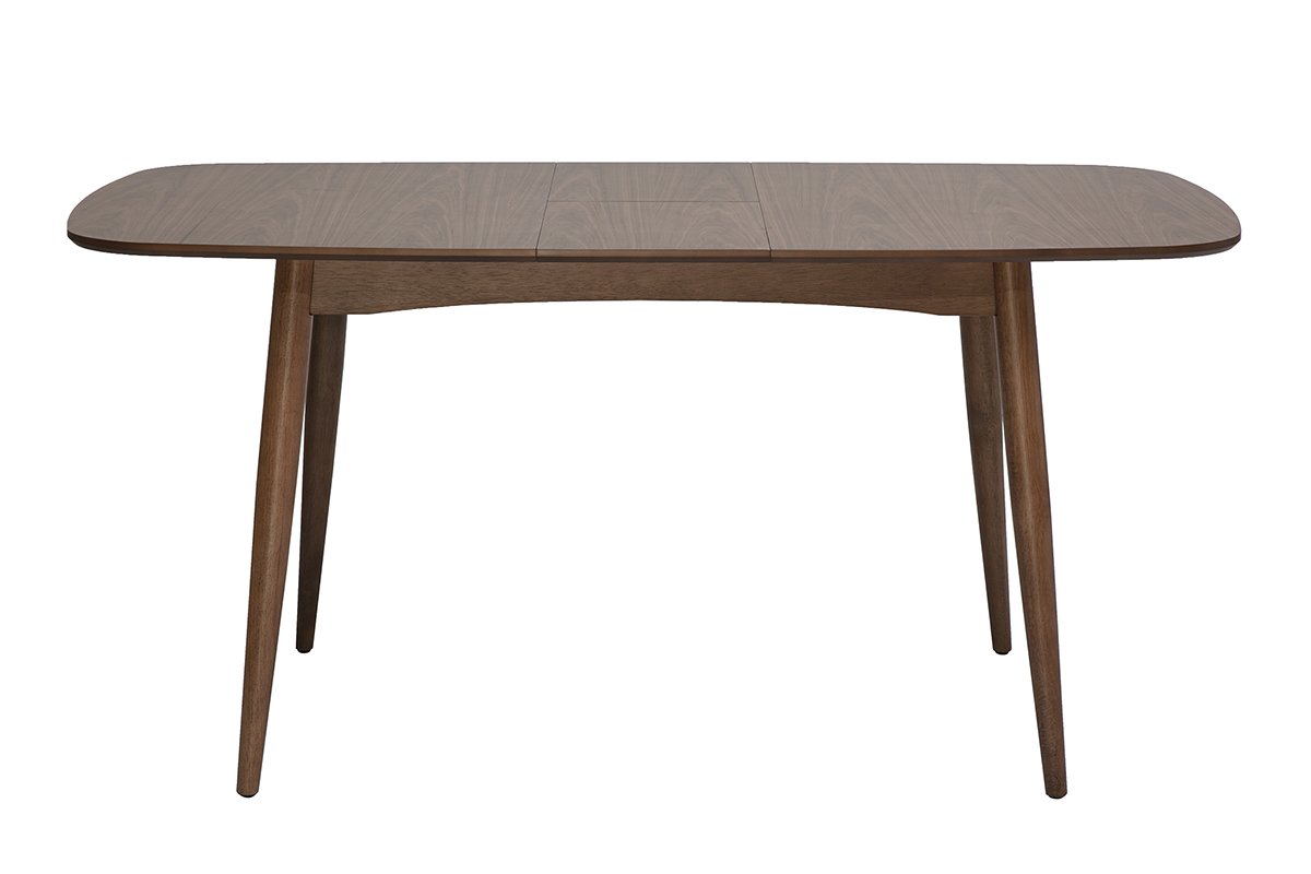 Table � manger extensible en bois fonc� noyer, vue de face, dimensions L130-160 x P90 x H76 cm.