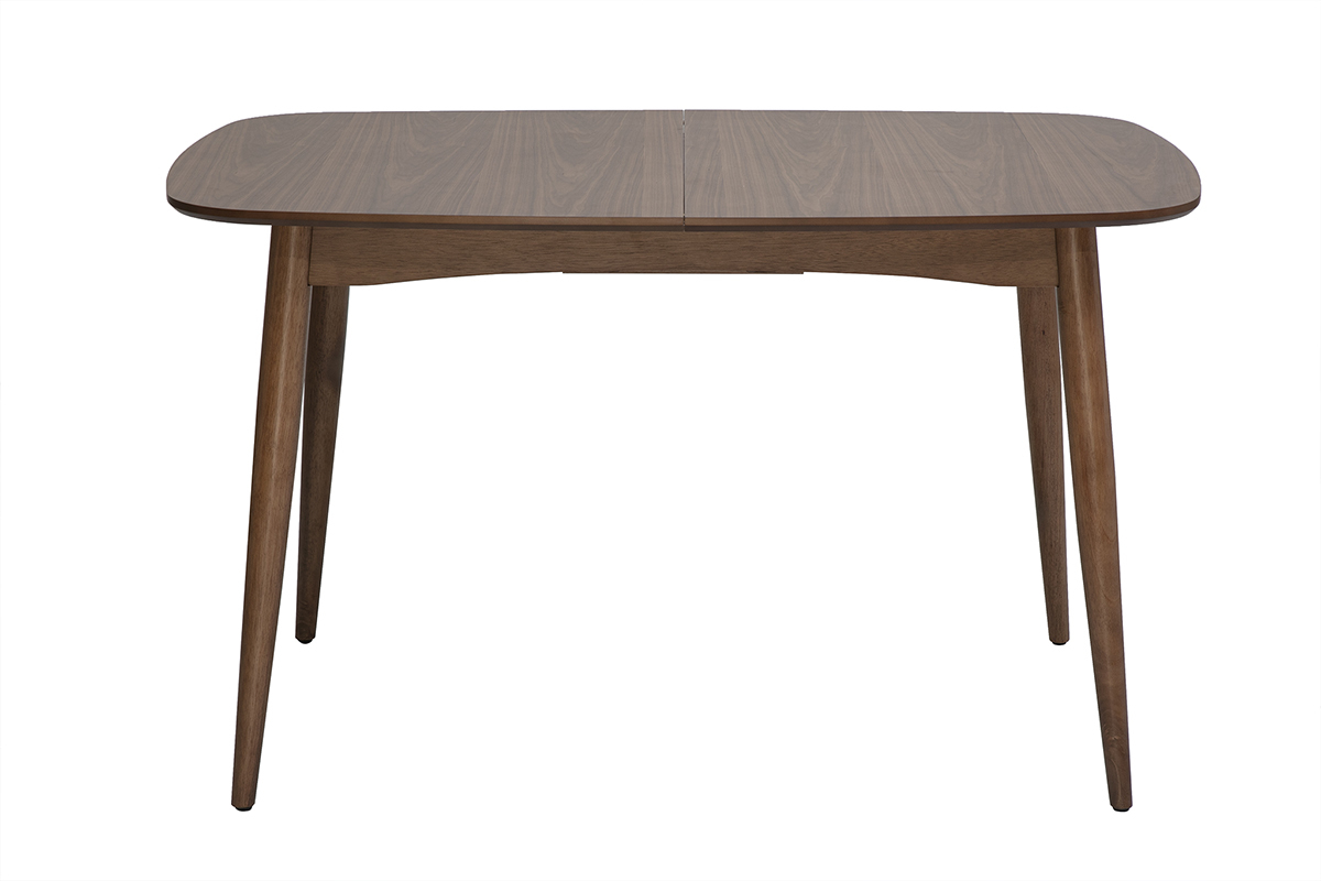 Table � manger rectangulaire extensible en bois fonc� noyer, vue de face.