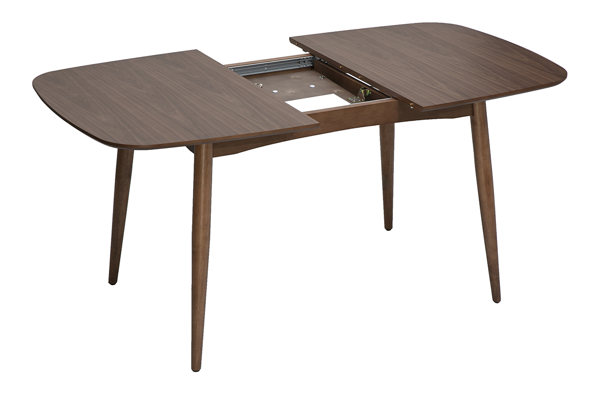 Table � manger rectangulaire extensible en bois fonc� noyer, vue de trois quarts avec rallonge ouverte.